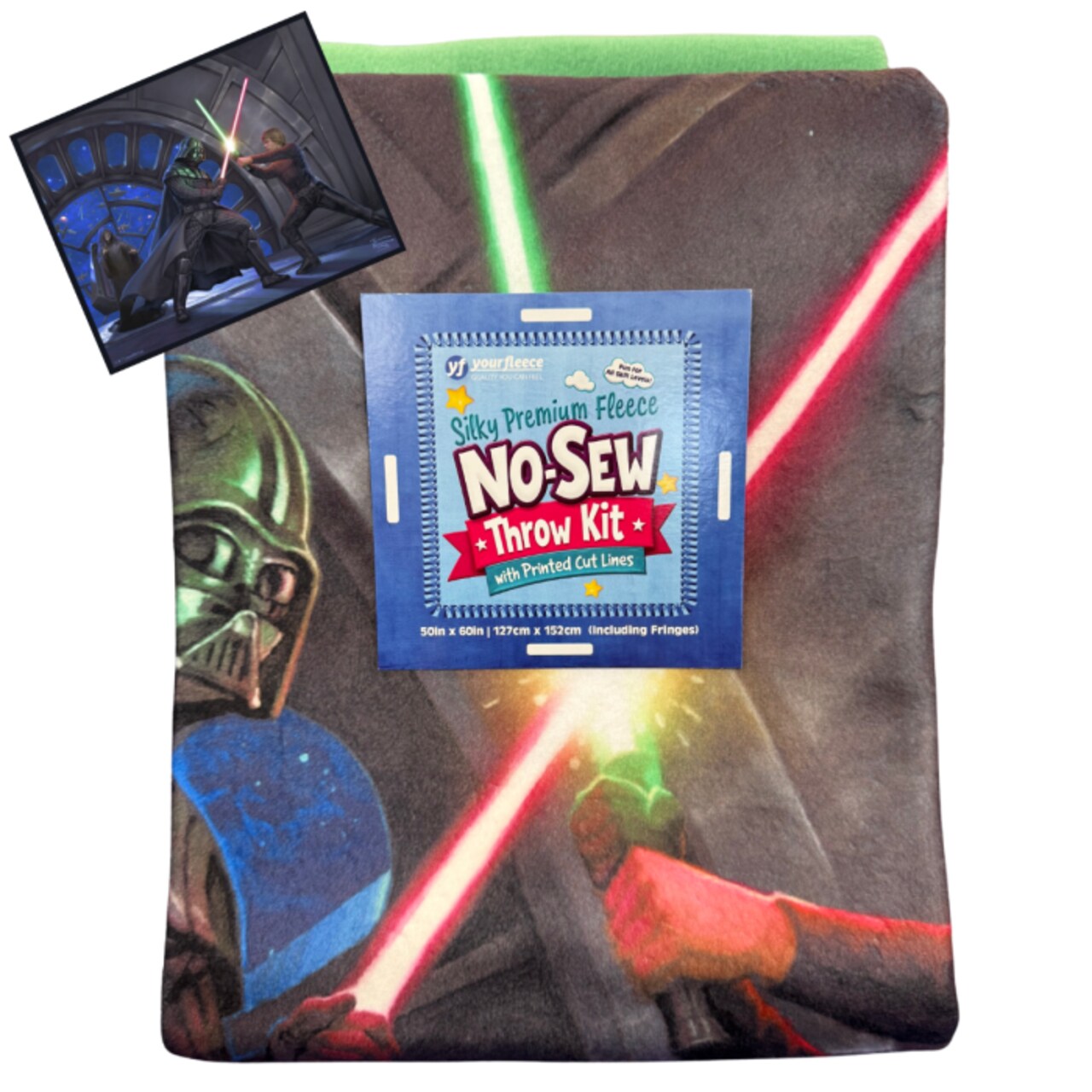 Darth Vader Luke Skywalker Lightsaber Battle Star Wars by Thomas Kinkade Licensed by David Textiles Silky Premium Fleece No-Sew Throw Fleece Fabric Kit (50x60)